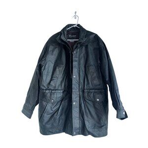 Vtg Wilsons Mid Length Black Leather Car Coat Removal 3M Thinsulate Liner Size L